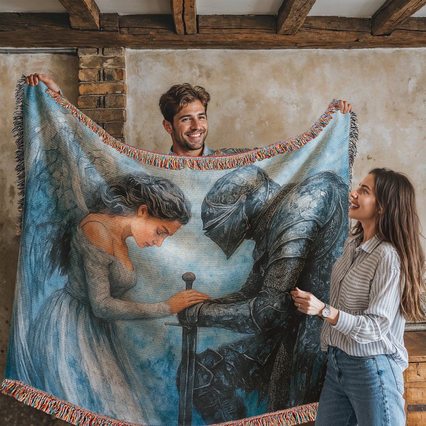 Premium 100% Cotton Woven Blanket – Angel and Knight Fantasy Art