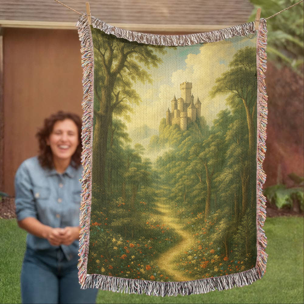Premium Woven Cotton Throw – Fantasy Castle Rising above Trees on Hill
