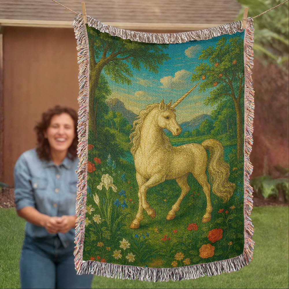 100% Cotton Woven Blanket – Enchanted Unicorn in Floral Clearing with Mountain Backdrop and Clouds