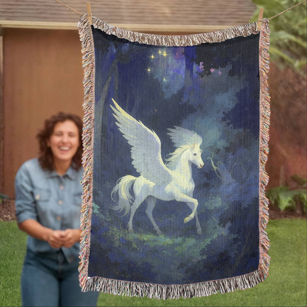 Premium Woven Cotton Throw – White Pegasus under Starry Sky in Mystical Forest