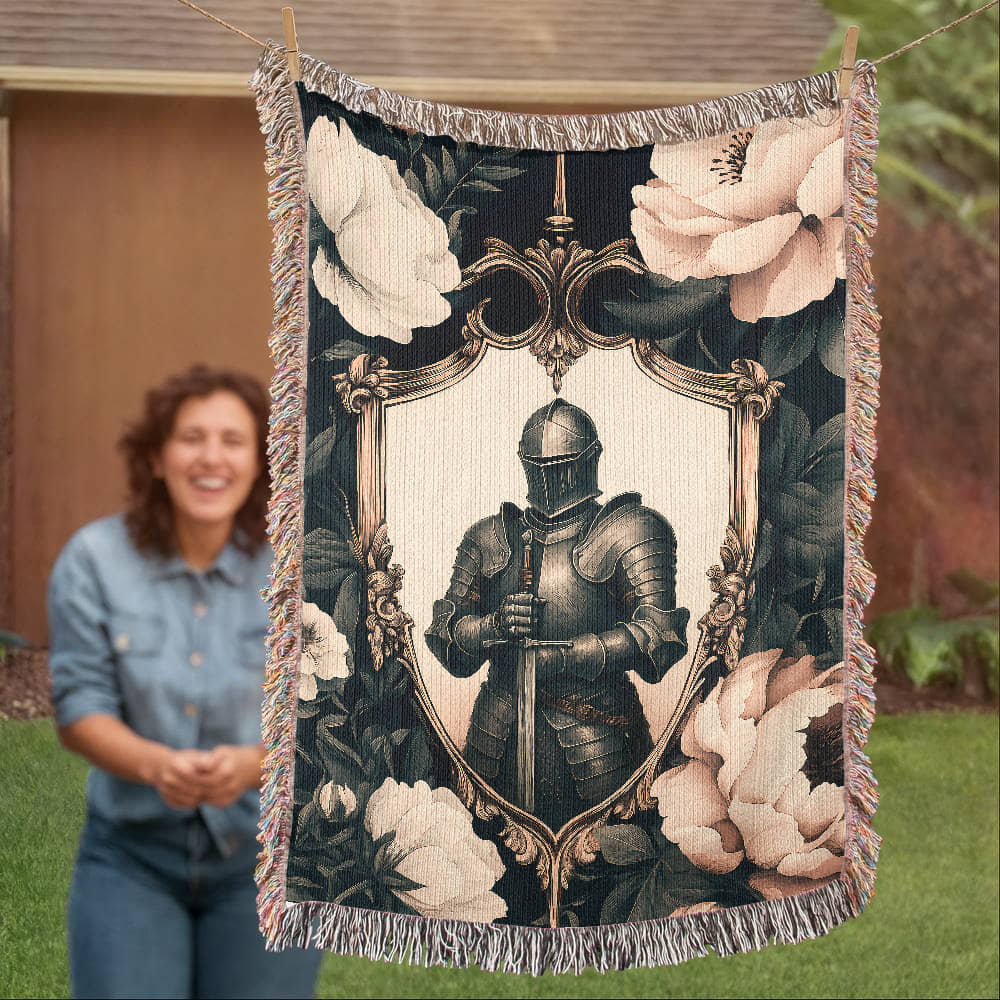 Premium Woven Cotton Throw – Knight Holding Sword in Heraldic Shield Frame