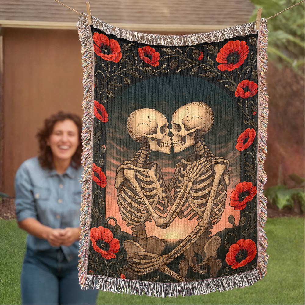 Woven Cotton Blanket – Enchanted Skeleton Couple in Poppy Flowers at Sunset