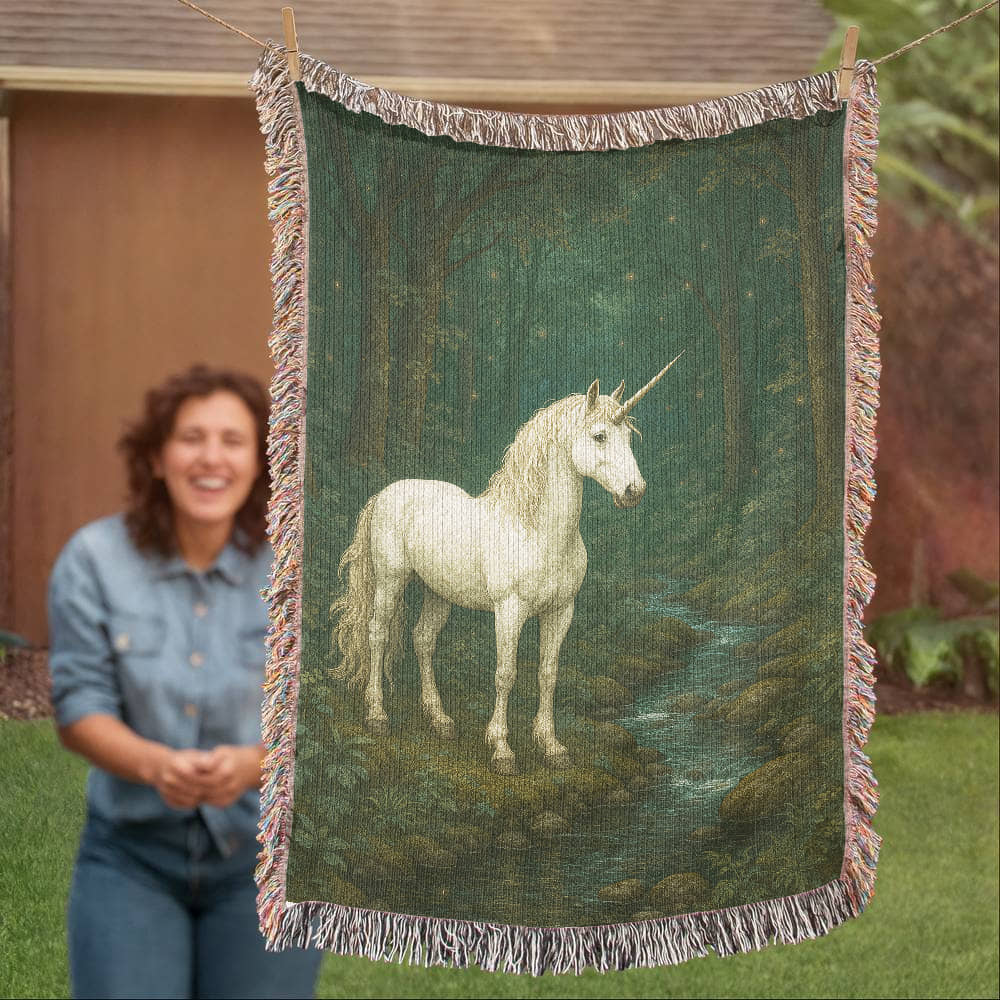 Premium Woven Cotton Throw – Unicorn in Dark Forest by Quiet Stream