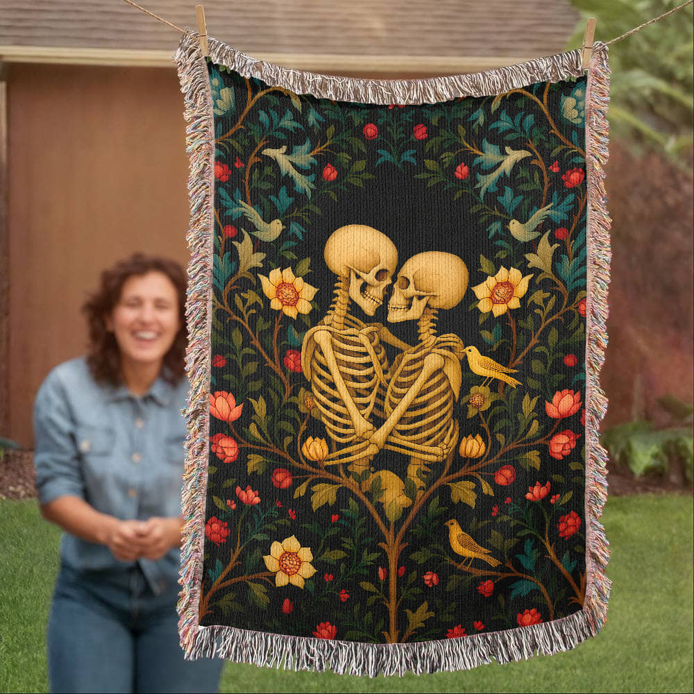 Premium Woven Cotton Throw – Skeleton Lovers in Enchanted Floral Border