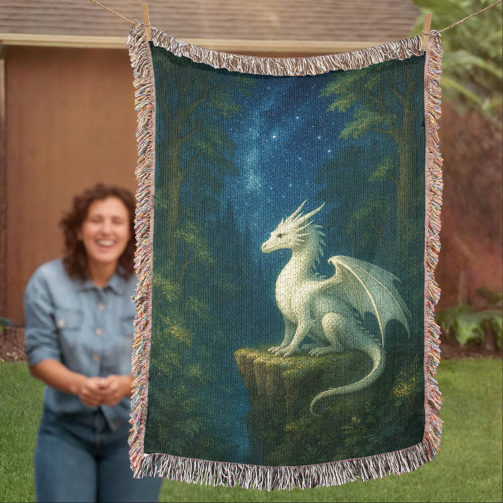 Premium Woven Cotton Throw – White Dragon on Rocky Cliff in Star-Filled Forest Night