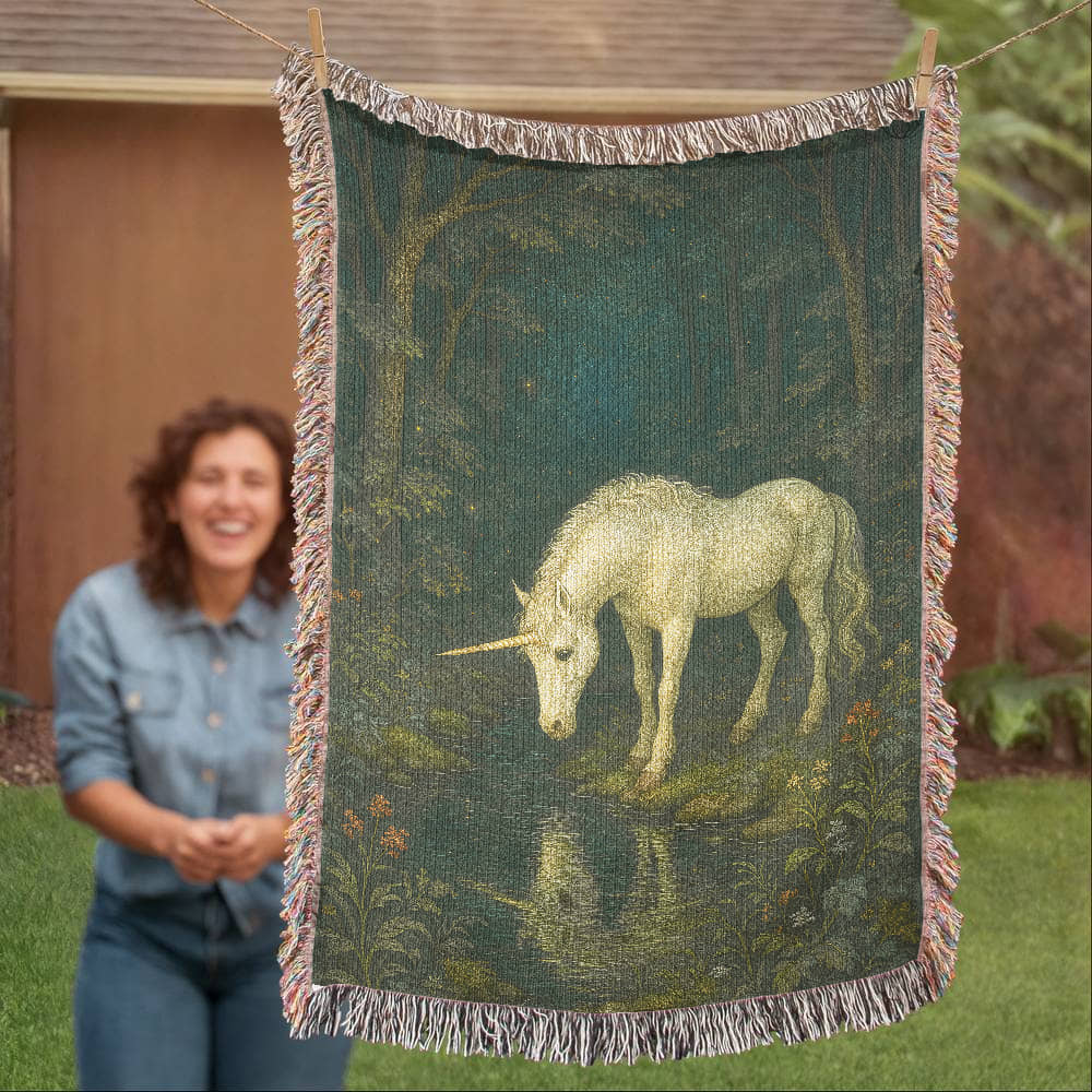 Heirloom Woven Cotton Blanket – Magical Night Forest Scene with Unicorn near Stream