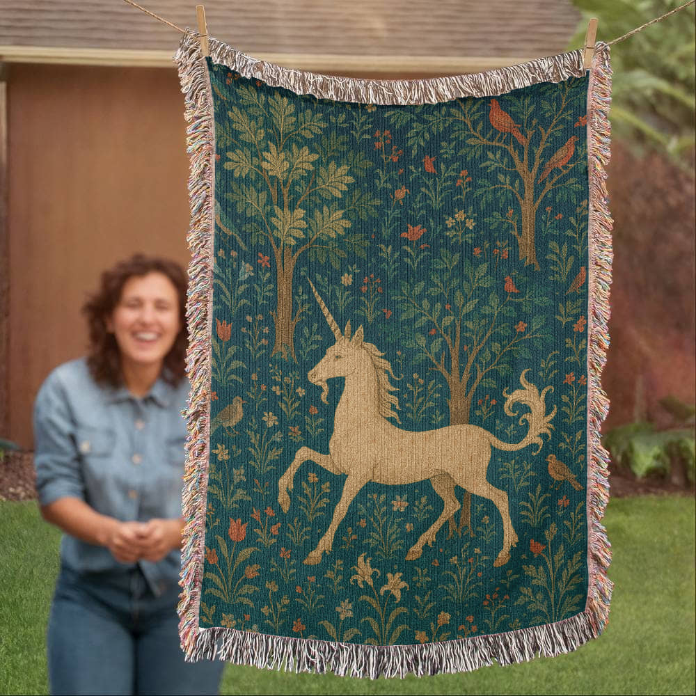 100% Cotton Woven Blanket – Magical Unicorn among Woodland Flowers and Birds
