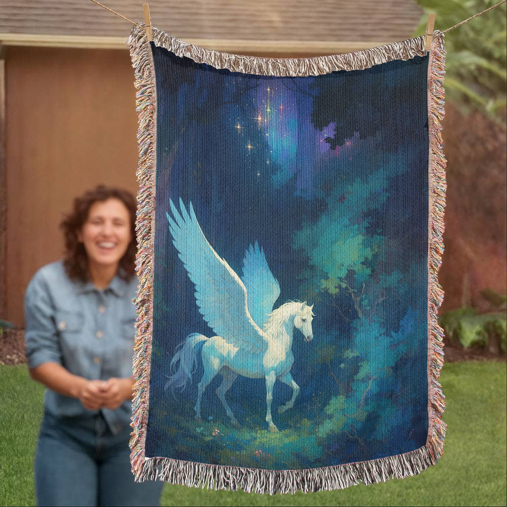 Woven Cotton Blanket – Fantasy White Pegasus in Moonlit Enchanted Forest