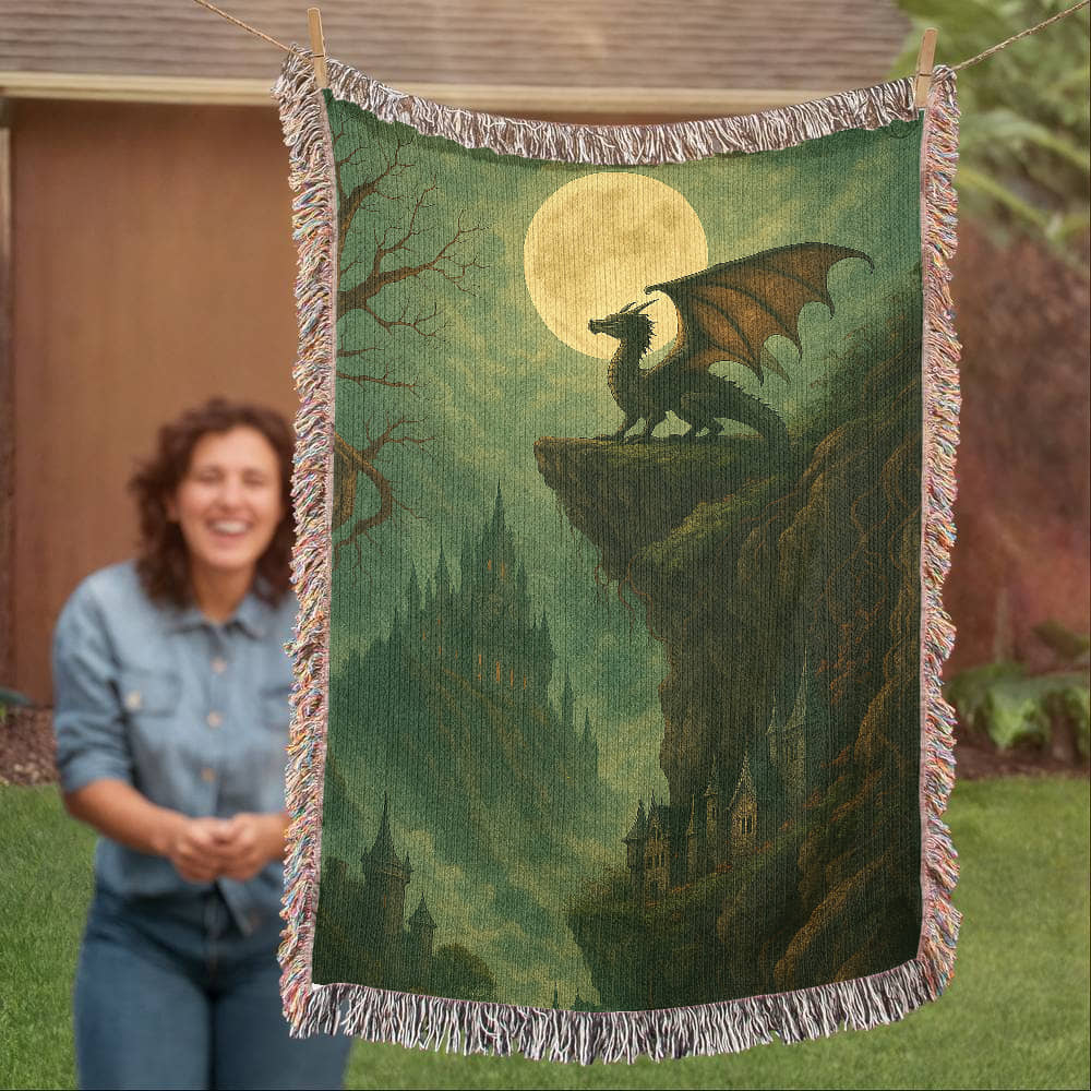 100% Cotton Woven Blanket – Majestic Dragon on Rocky Cliff under Moonlight with Castle View