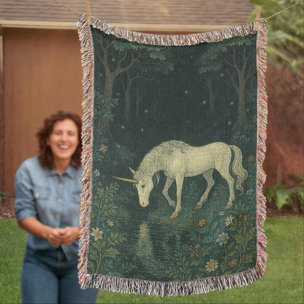 Premium Woven Cotton Throw – Unicorn in Dark Forest by Flowered Stream