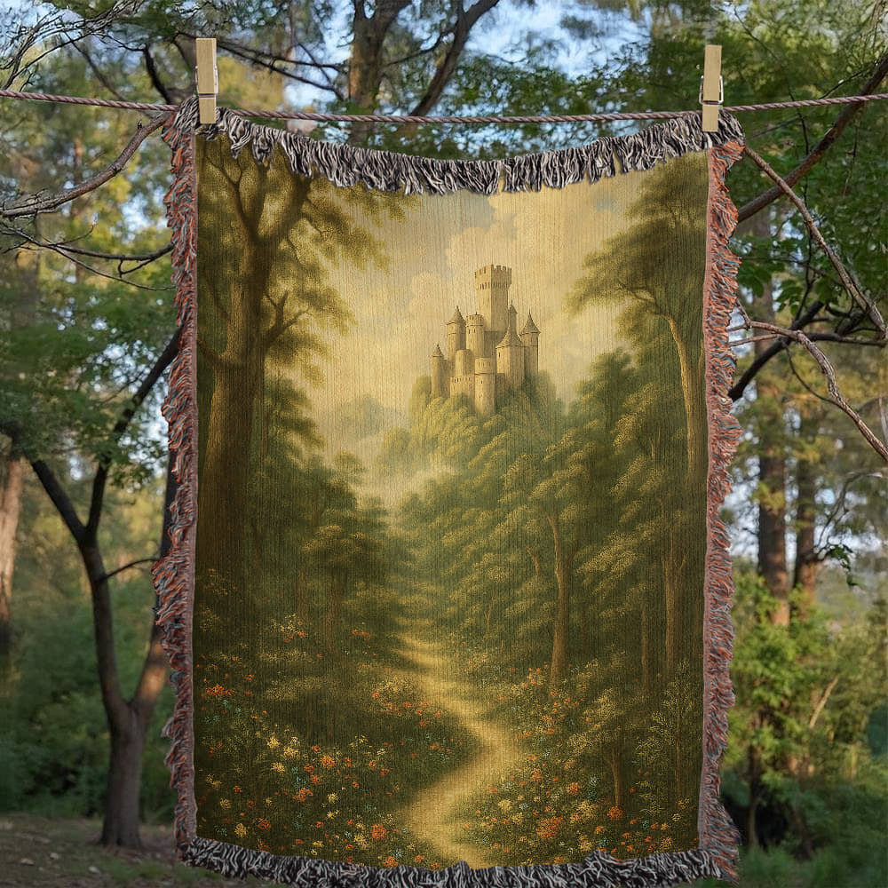 Premium Woven Cotton Throw – Fantasy Castle Rising above Trees on Hill