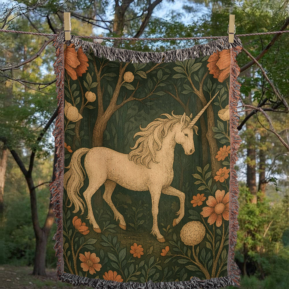 100% Cotton Woven Blanket – Magical Unicorn among Woodland Flowers