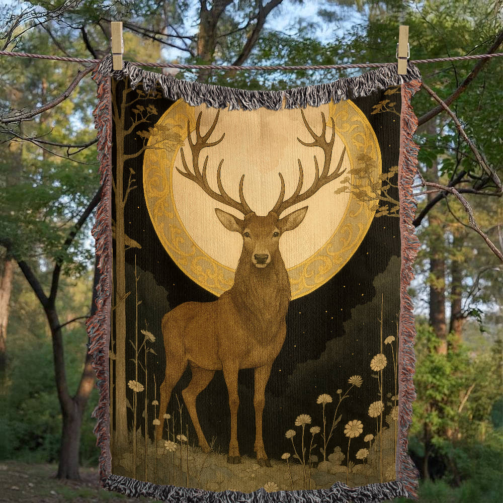 100% Cotton Woven Blanket – Majestic Deer on Night Meadow under Full Moon