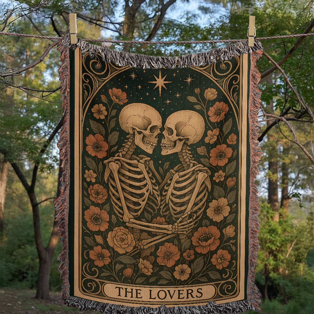 Woven Cotton Blanket – Enchanted Skeleton Couple in Floral Starry Scene, The Lovers Artwork
