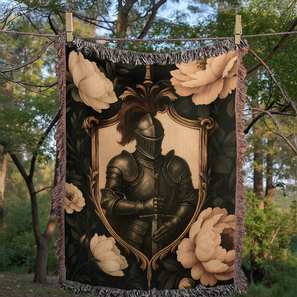 100% Cotton Woven Blanket – Medieval Knight with Sword Inside Shield Frame