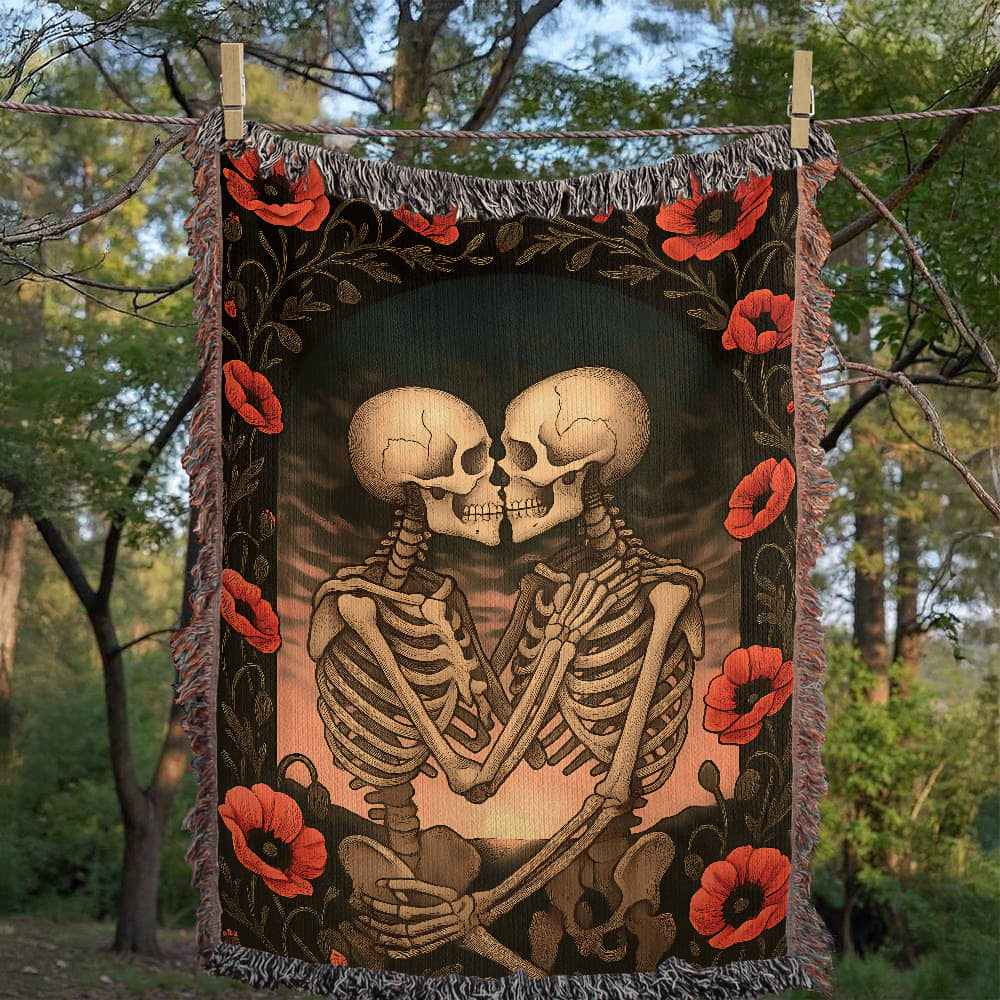 Woven Cotton Blanket – Enchanted Skeleton Couple in Poppy Flowers at Sunset