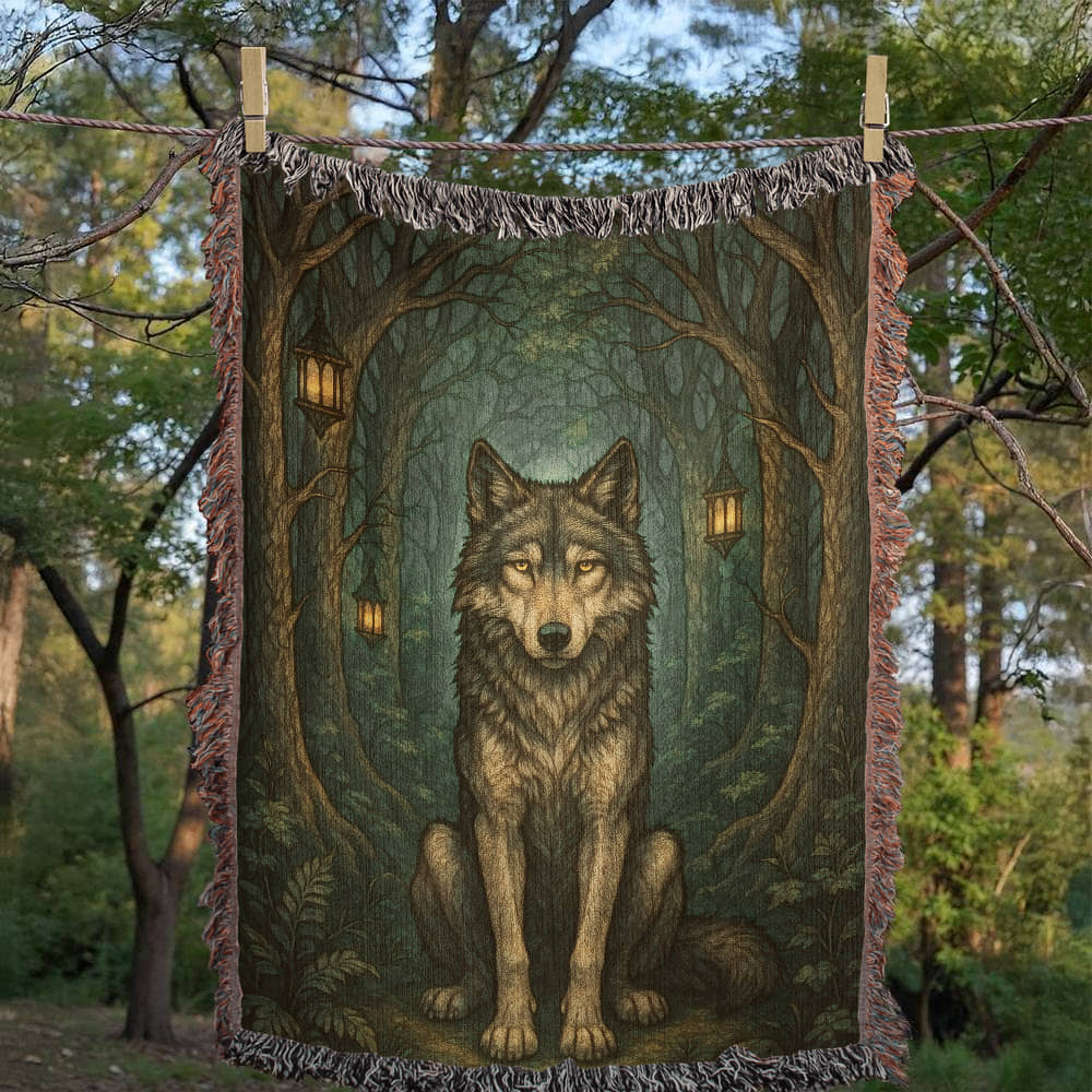Woven Cotton Blanket – Serene Wolf in Forest under Lantern-Illuminated Trees