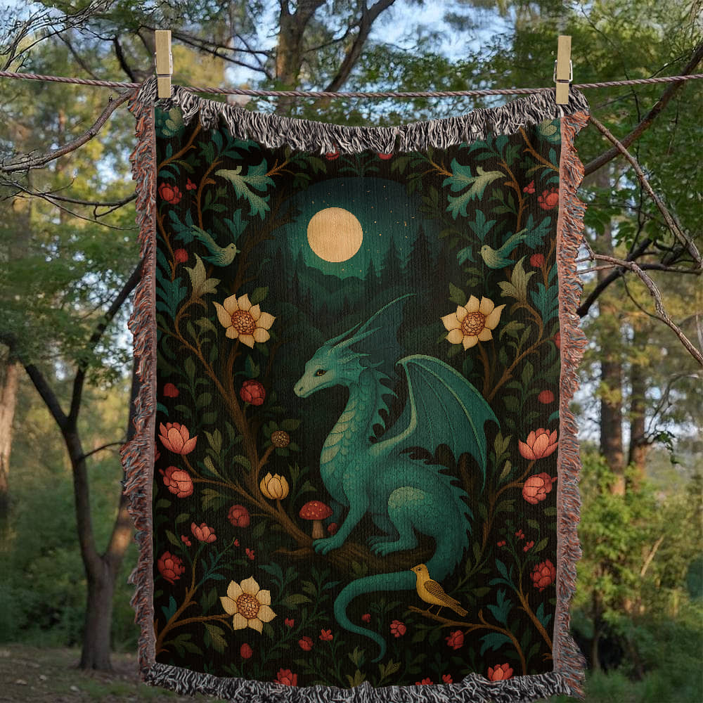 100% Cotton Woven Blanket – Magical Dragon in Moonlit Woodland Scene