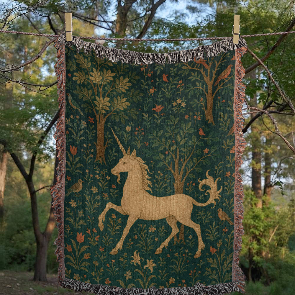 100% Cotton Woven Blanket – Magical Unicorn among Woodland Flowers and Birds