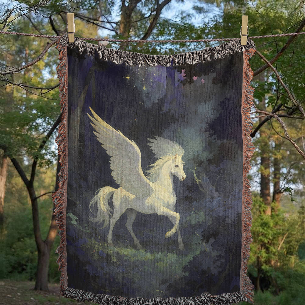 Premium Woven Cotton Throw – White Pegasus under Starry Sky in Mystical Forest