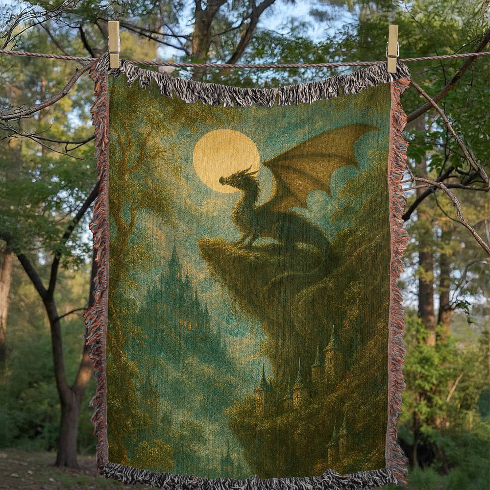 Premium Woven Cotton Throw – Fantasy Dragon on Cliff at Night with Castle in Distance
