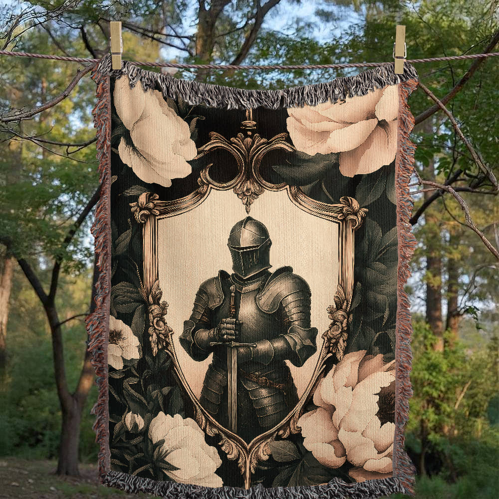 Premium Woven Cotton Throw – Knight Holding Sword in Heraldic Shield Frame