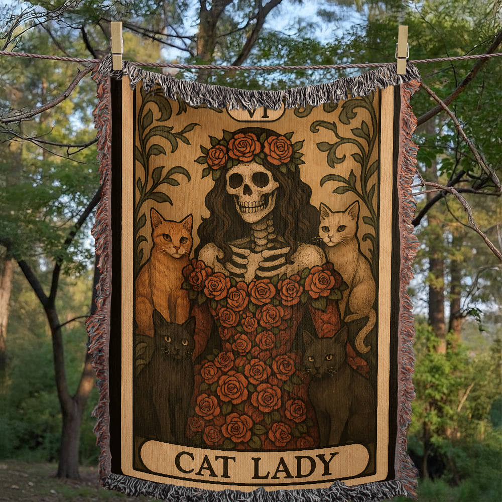 100% Cotton Woven Blanket – Gothic Skeleton Cat Lady Wearing Red Roses Gown with Four Cats, Cat Lady Card Style