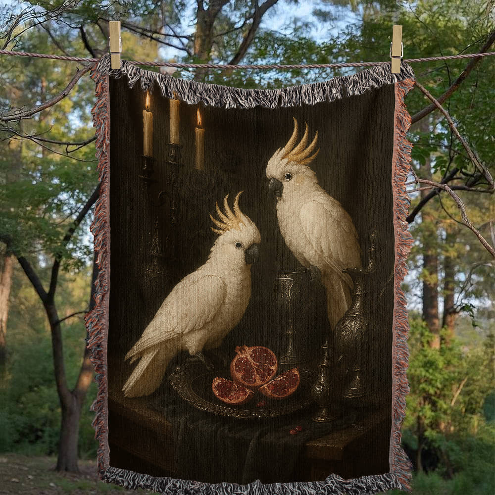 100% Cotton Woven Blanket – White Parrots on Table with Two Halved Pomegranates, Bronze Cup and Jug