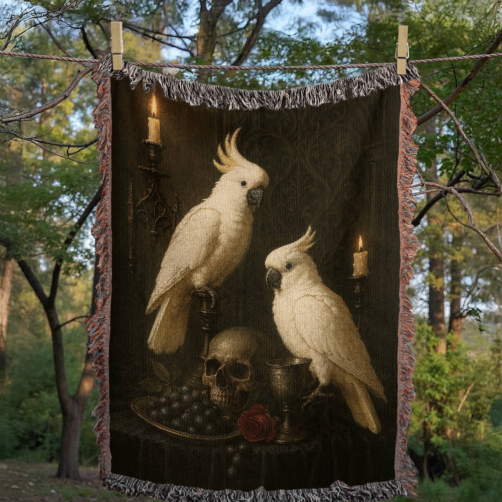 100% Cotton Woven Blanket – White Parrots on Table with Skull, Grapes, Rose and Bronze Chalice