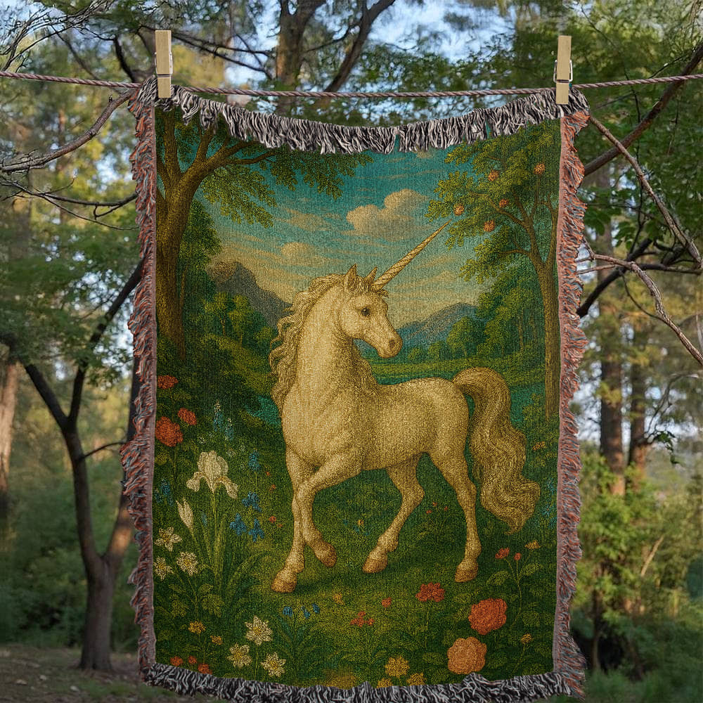 100% Cotton Woven Blanket – Enchanted Unicorn in Floral Clearing with Mountain Backdrop and Clouds
