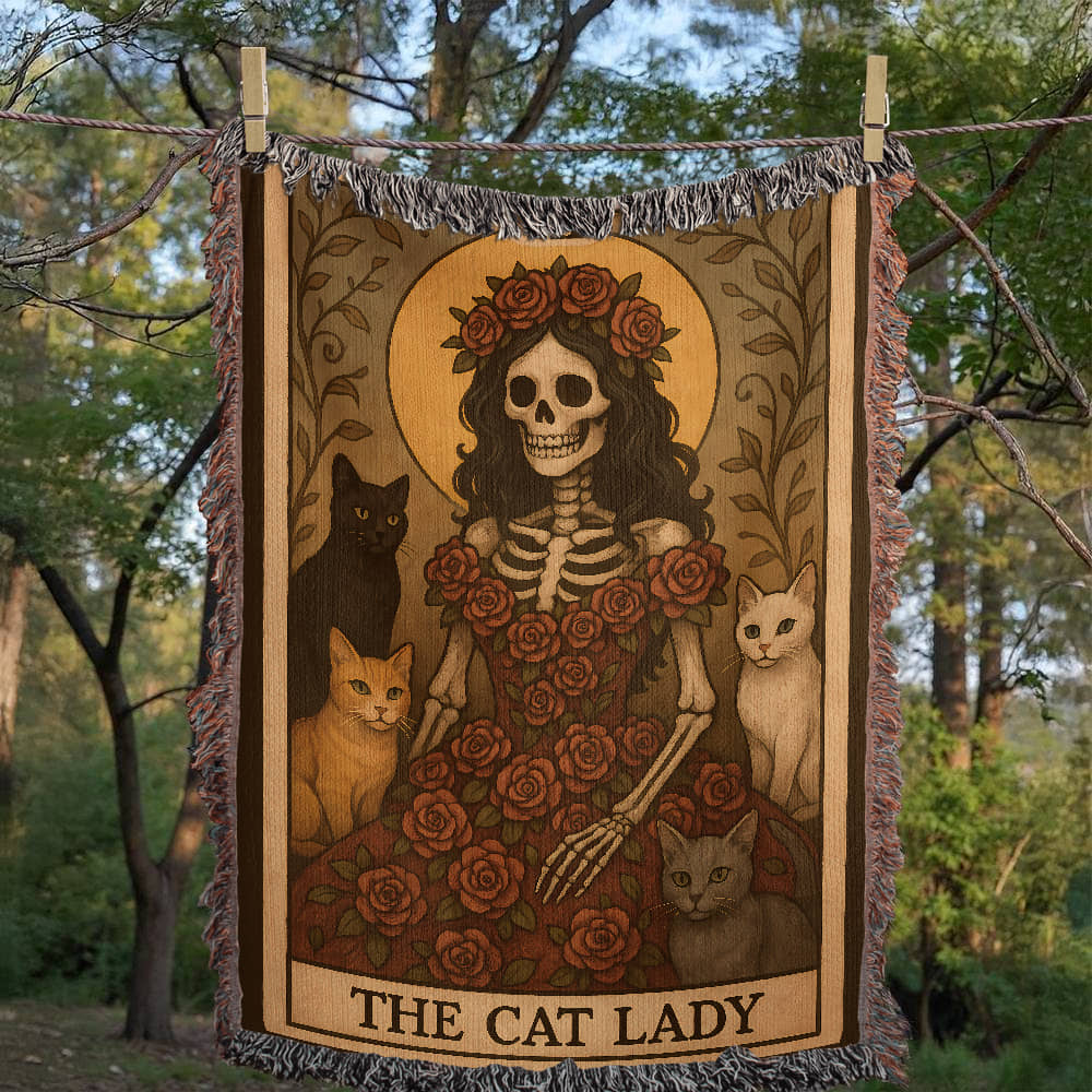 100% Cotton Woven Blanket – Gothic Skeleton Cat Lady Wearing Red Roses Gown with Four Cats, The Cat Lady Card Style