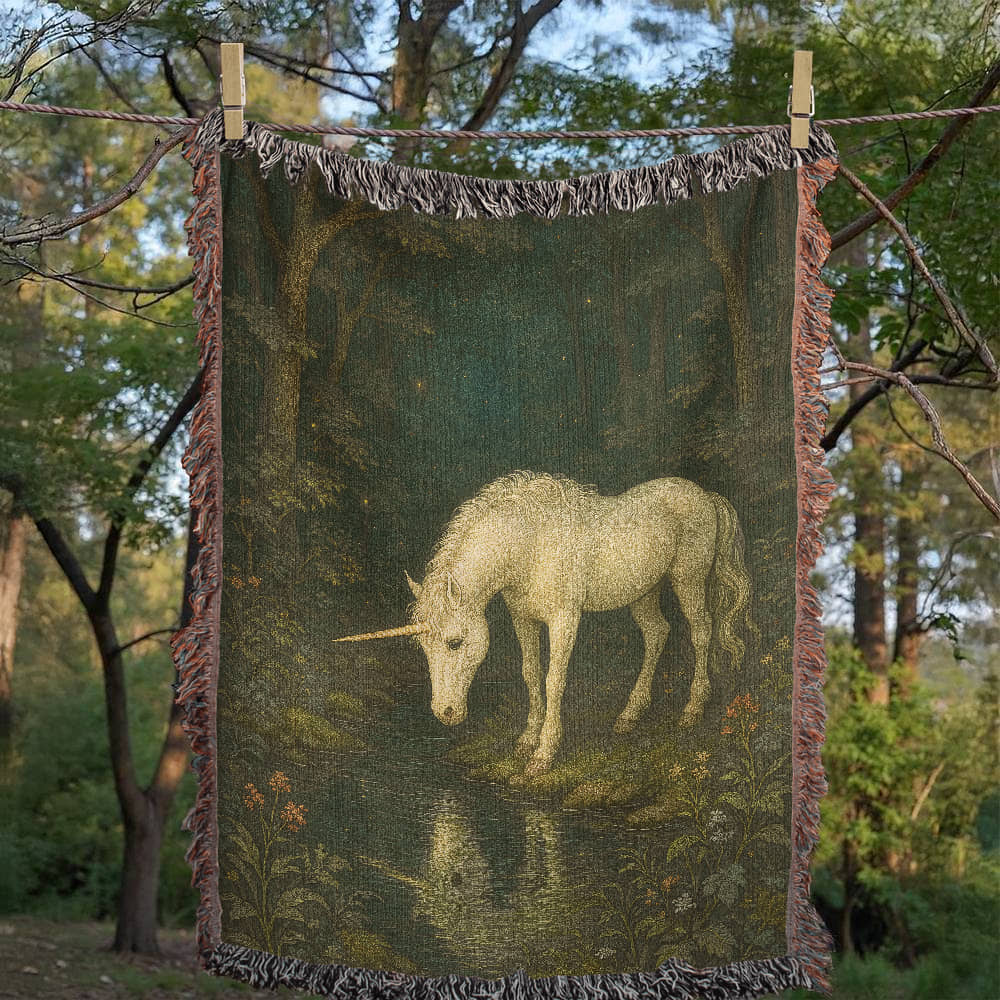 Heirloom Woven Cotton Blanket – Magical Night Forest Scene with Unicorn near Stream