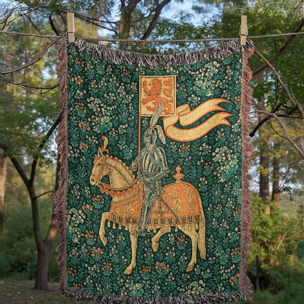 Premium Woven Cotton Throw – Knight Riding Horse with Battle Banner