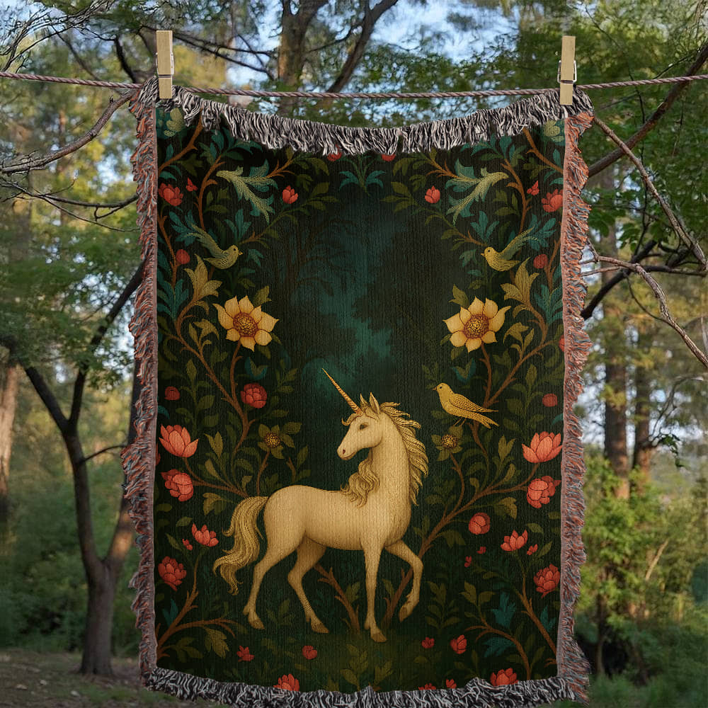 Premium Woven Cotton Throw – Enchanted Forest Unicorn Surrounded by Birds and Blossoms