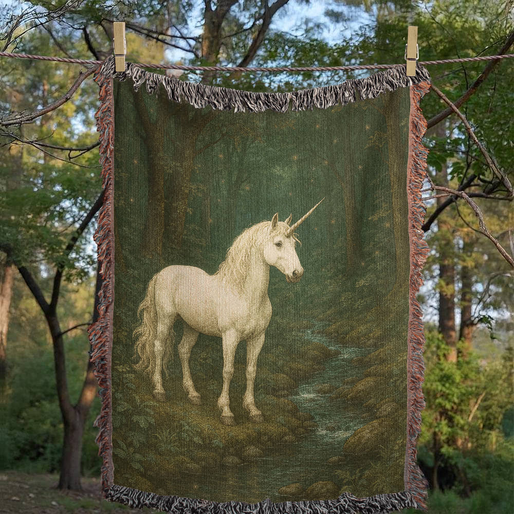 Premium Woven Cotton Throw – Unicorn in Dark Forest by Quiet Stream