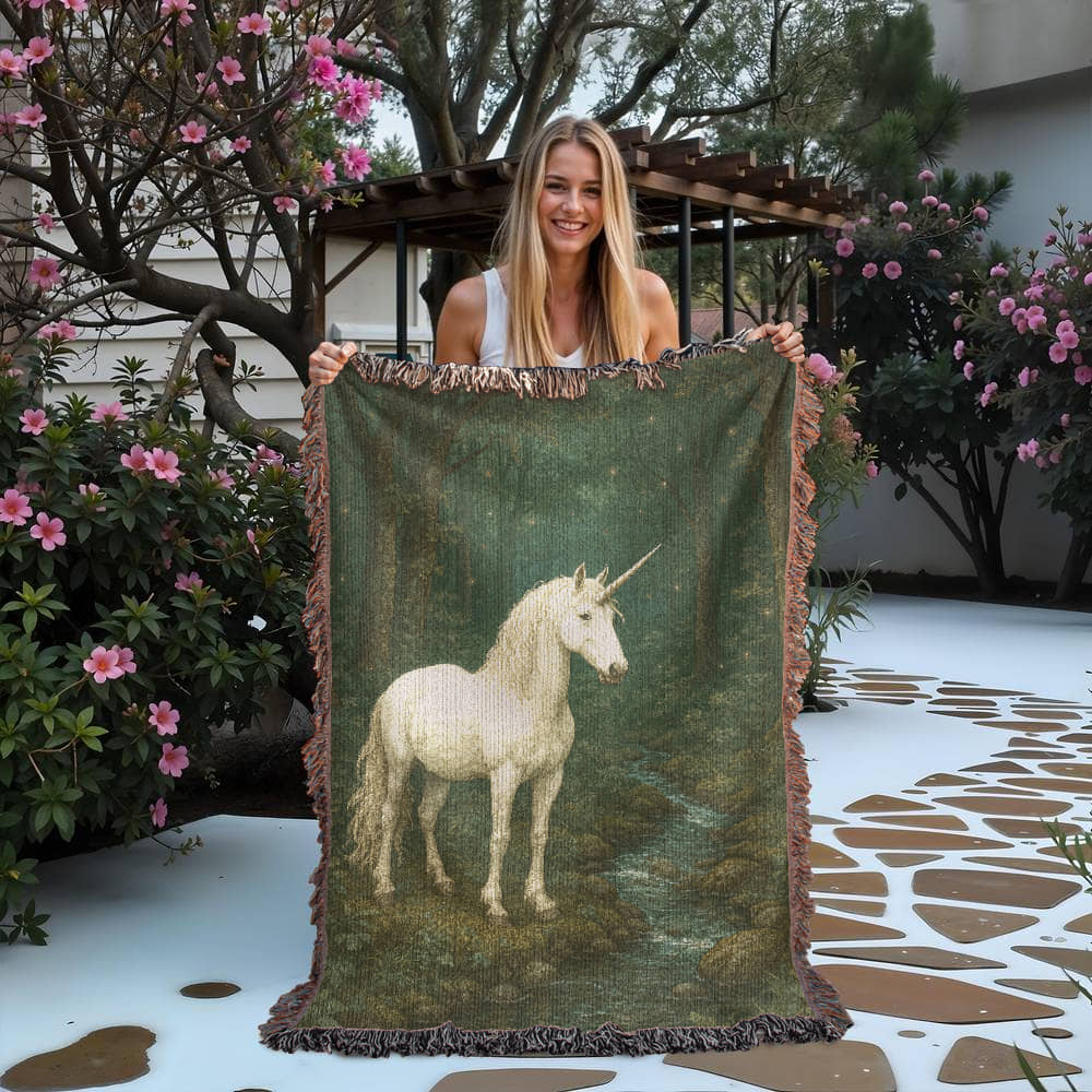 Premium Woven Cotton Throw – Unicorn in Dark Forest by Quiet Stream