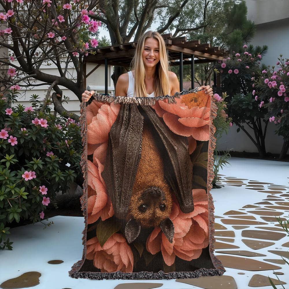 Premium Woven Cotton Throw – Bat Nestled among Vibrant Flowers