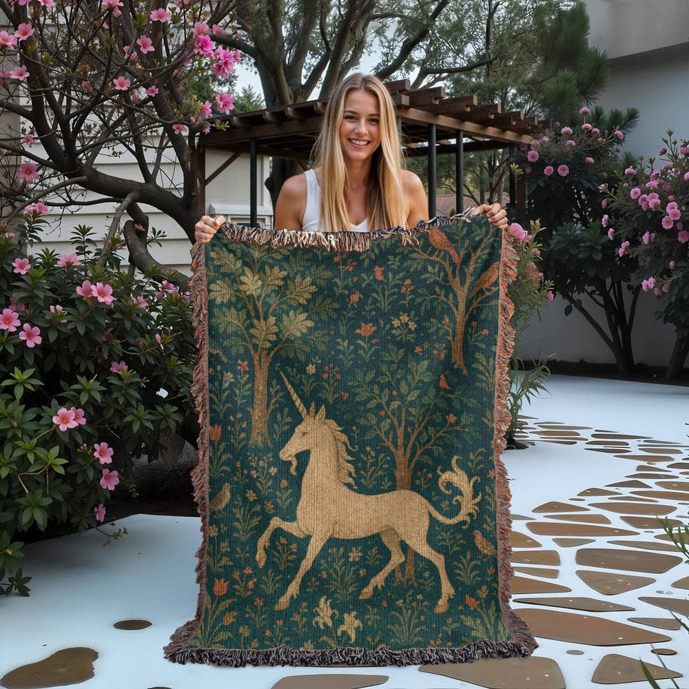 100% Cotton Woven Blanket – Magical Unicorn among Woodland Flowers and Birds