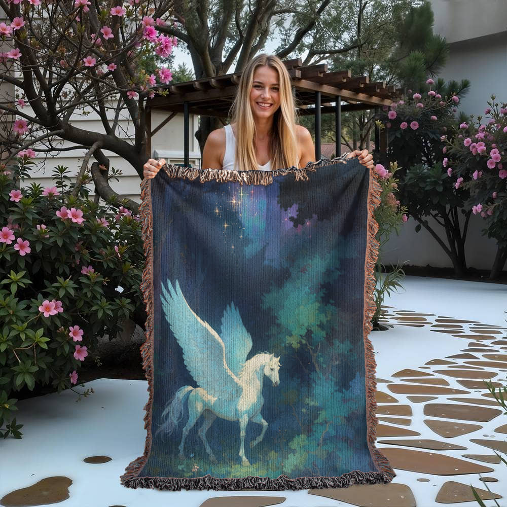 Woven Cotton Blanket – Fantasy White Pegasus in Moonlit Enchanted Forest