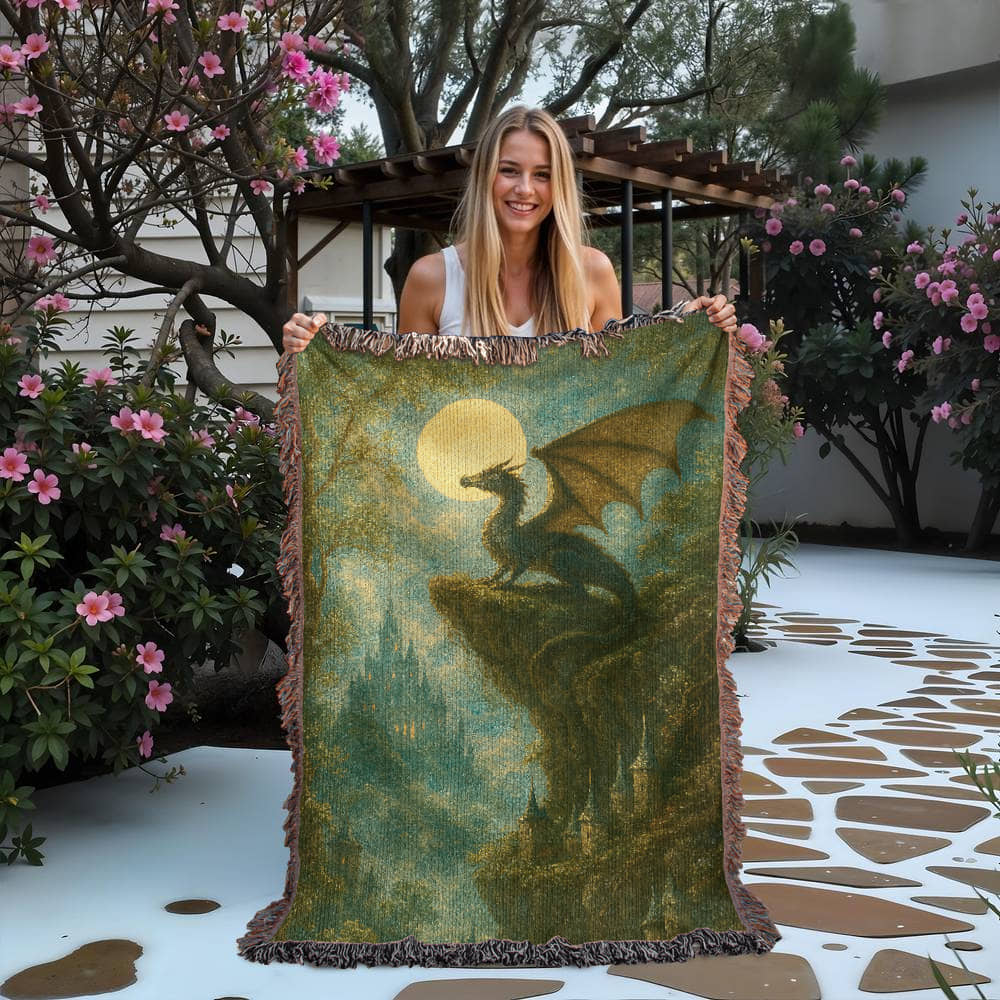 Premium Woven Cotton Throw – Fantasy Dragon on Cliff at Night with Castle in Distance