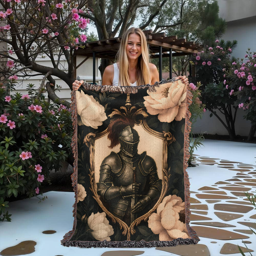 100% Cotton Woven Blanket – Medieval Knight with Sword Inside Shield Frame