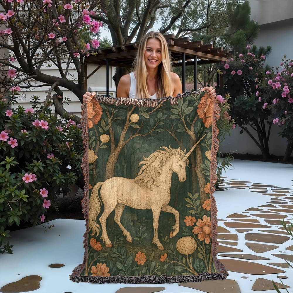100% Cotton Woven Blanket – Magical Unicorn among Woodland Flowers