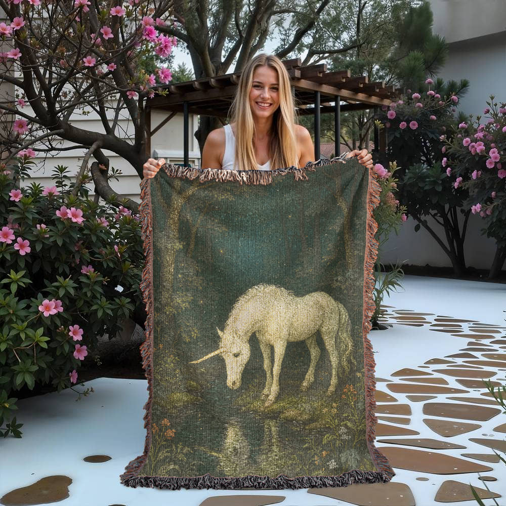 Heirloom Woven Cotton Blanket – Magical Night Forest Scene with Unicorn near Stream