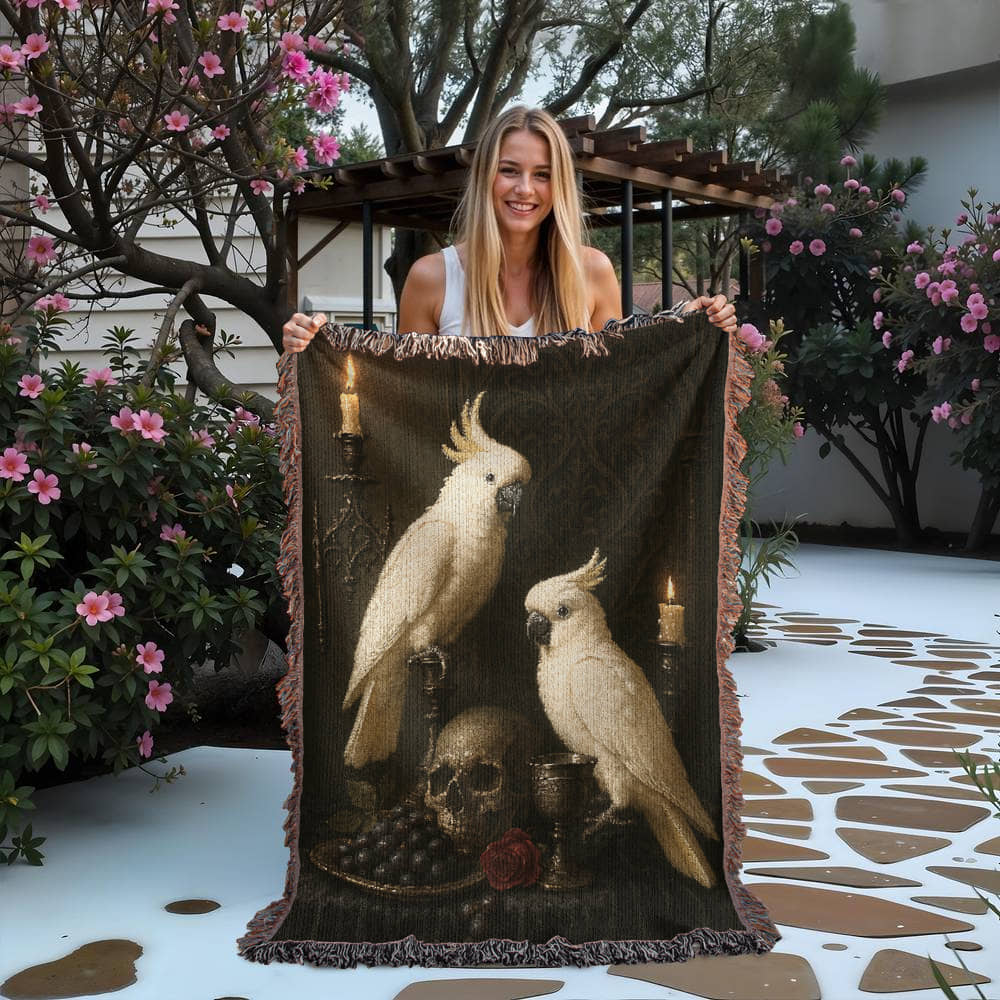 100% Cotton Woven Blanket – White Parrots on Table with Skull, Grapes, Rose and Bronze Chalice