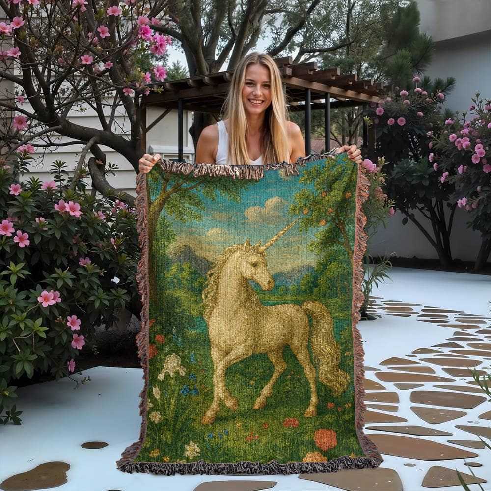 100% Cotton Woven Blanket – Enchanted Unicorn in Floral Clearing with Mountain Backdrop and Clouds