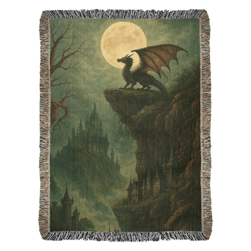 100% Cotton Woven Blanket – Majestic Dragon on Rocky Cliff under Moonlight with Castle View