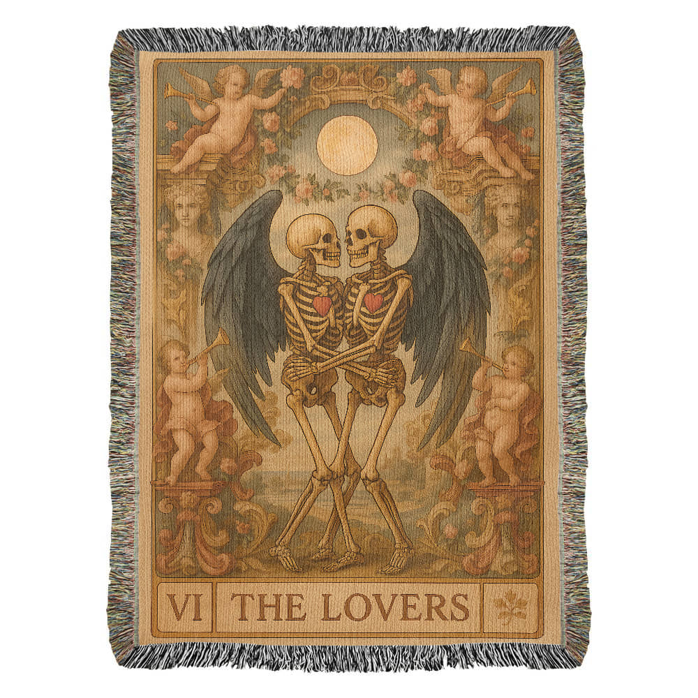 100% Cotton Woven Blanket – Gothic Skeleton Couple with Black Wings Surrounded by Cherubs, The Lovers Card Design