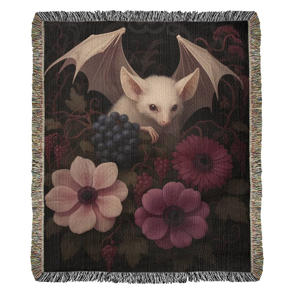 100% Cotton Woven Blanket – Bat Resting in Blooming Flowers