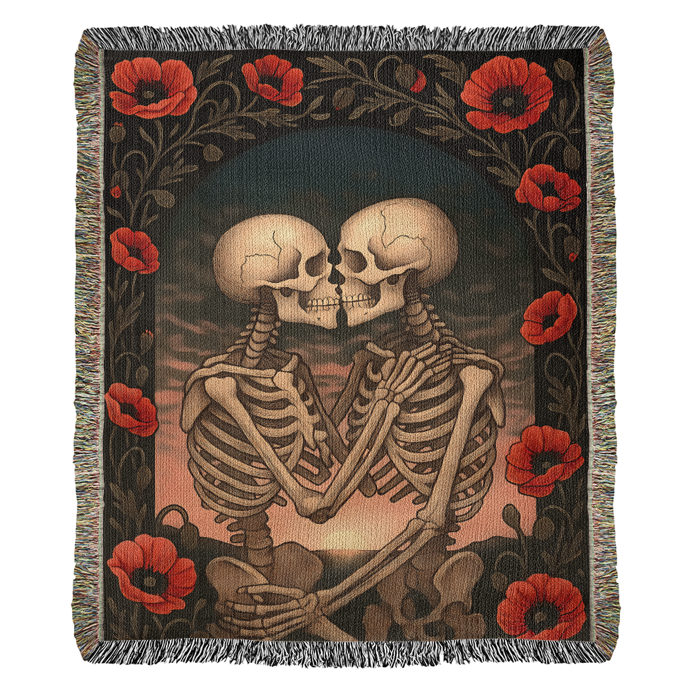 Woven Cotton Blanket – Enchanted Skeleton Couple in Poppy Flowers at Sunset