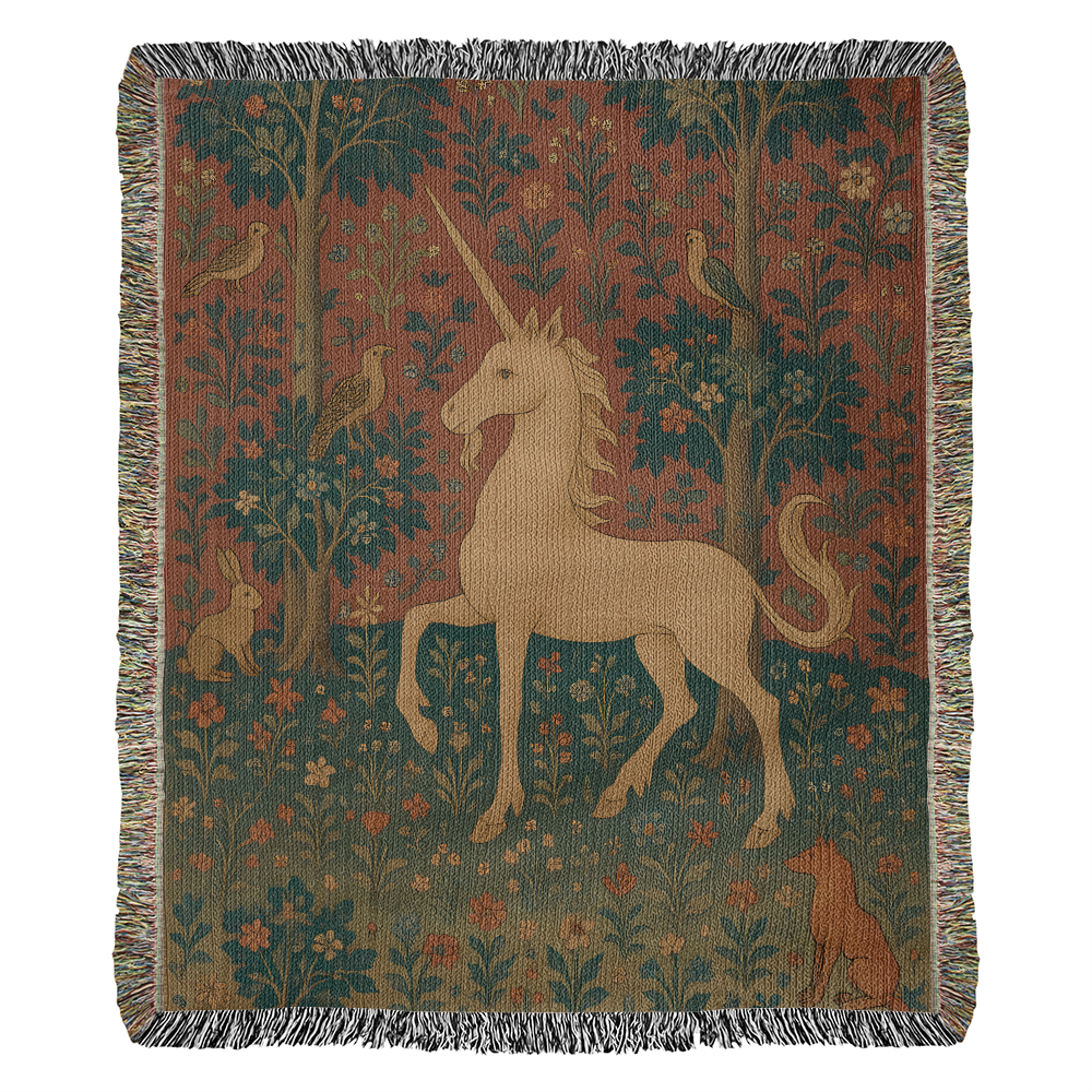 Premium Woven Cotton Throw – Enchanted Forest Unicorn and Fox Surrounded by Birds and Blossoms